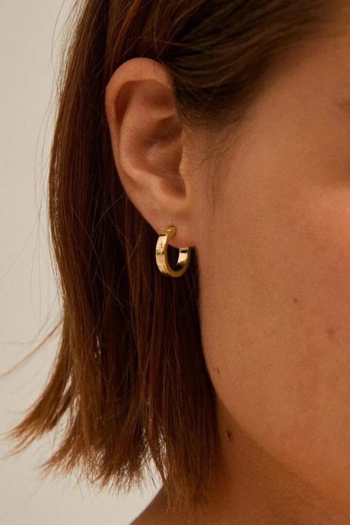 Image of Jewelry. Product name - Efia Huggie Hoop Gold Plated Earrings in Gold colour by brand - Pilgrim