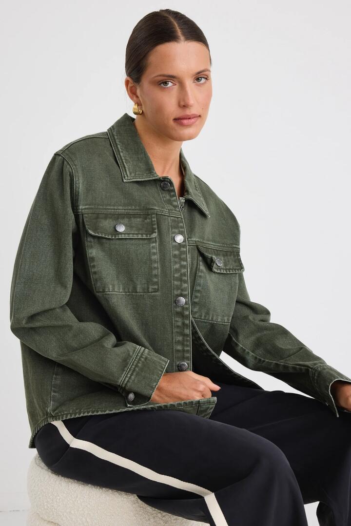 Image of Coats & Jackets. Product name - Penny Dark Khaki Denim Shacket in Khaki, Dark Khaki colour by brand - Among the Brave
