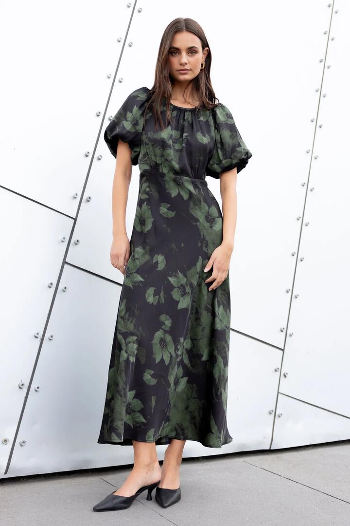 Image of Dresses. Product name - Stage Green Shadow Garden Satin Puff Sleeve Floaty Maxi Dress in Green Shadow Garden colour by brand - Stories be Told