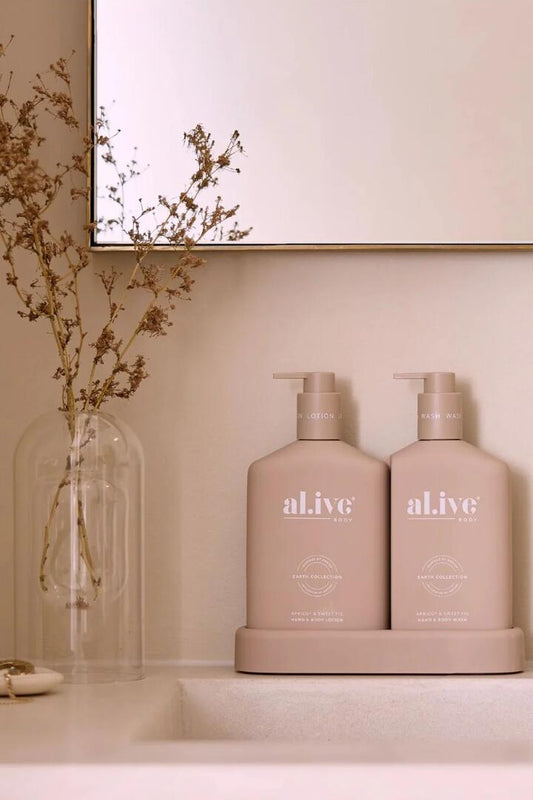 Image of Health & Beauty. Product name - Apricot & Sweet Fig Hand & Body 500ml Wash + Lotion Nude Duo Tray in colour by brand - Alive Body