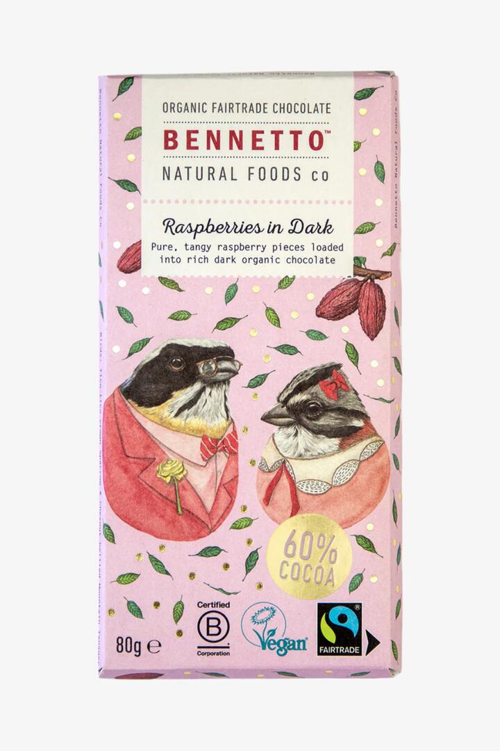 Image of Food Items. Product name - Raspberries 80g Pink Dark Fairtrade Chocolate in Pink colour by brand - Bennetto