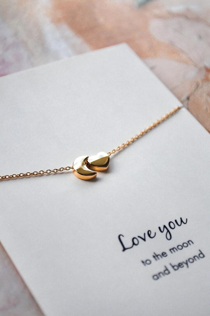 Image of Jewelry. Product name - Moon + Heart 14k Gold Plate Necklace in Gold colour by brand - Petals