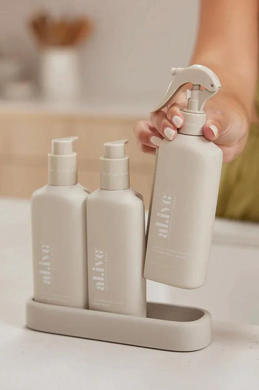 Image of Health & Beauty. Product name - Lemon & Pomegranate + Watermelon & Lime Stone Kitchen 300ml Trio in Stone colour by brand - Alive Body