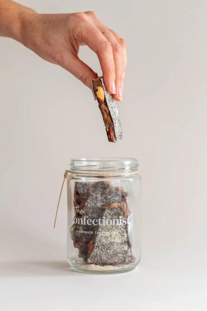 Image of Food Items. Product name - Dark Chocolate + Almond Toffee 200g Jar in colour by brand - The Confectionist