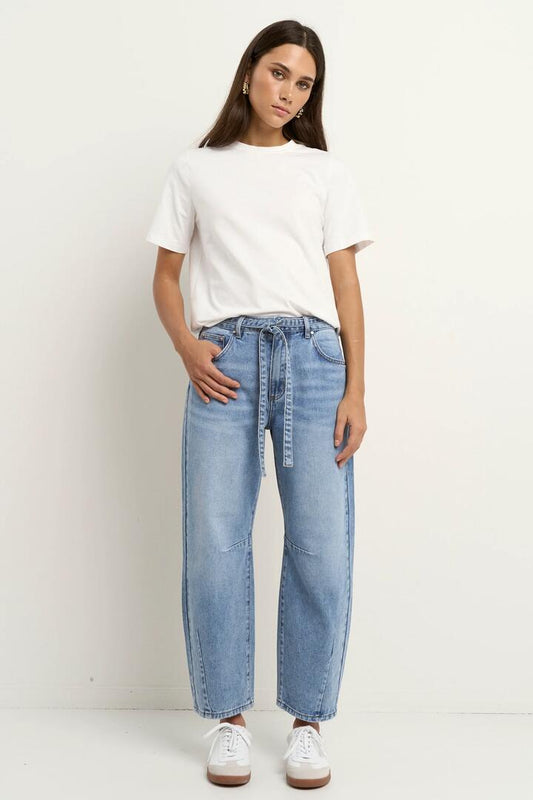 Image of Jeans. Product name - Campus Light Blue Tie Waist Barrel Jeans in Light Blue colour by brand - Stories be Told