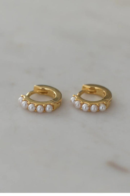 Image of Jewelry. Product name - Mini Pearl Huggies Earrings Gold in Gold colour by brand - Sophie