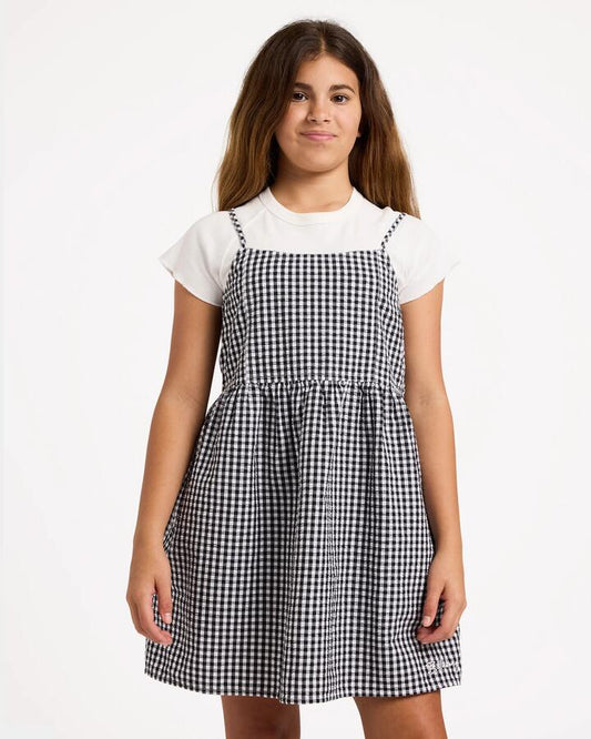 Image of Dresses. Product name - Billabong Girls 6-16 Gingham Crush Mini Dress Black White in Black White colour by brand - Billabong