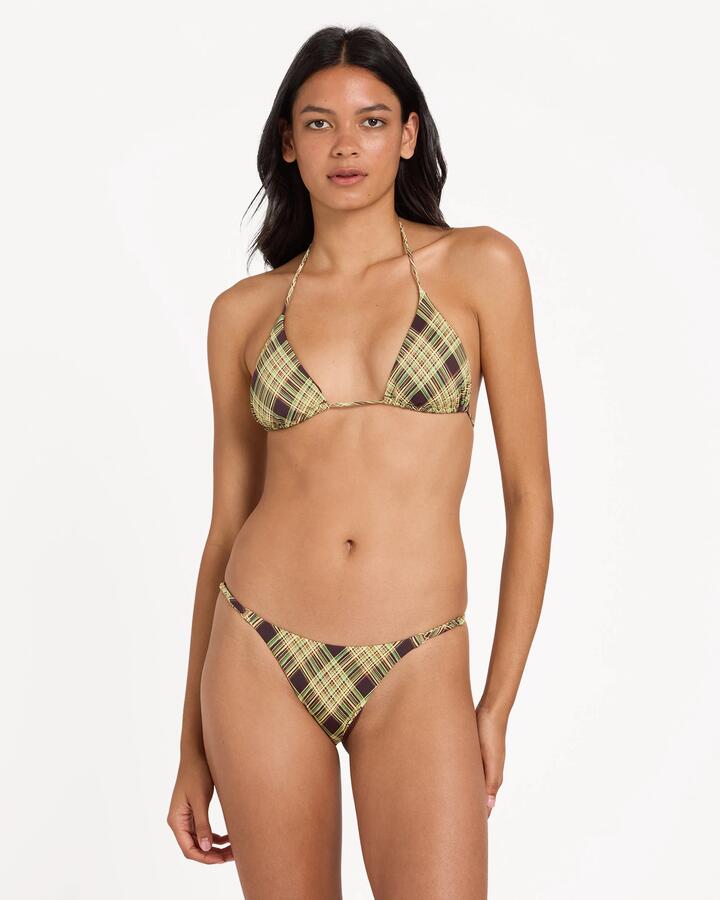 Image of Swimwear. Product name - Rvca Womens Boulevard Plaid Ultra Skimpy Bikini Bottom Chocolate in Chocolate colour by brand - Rvca