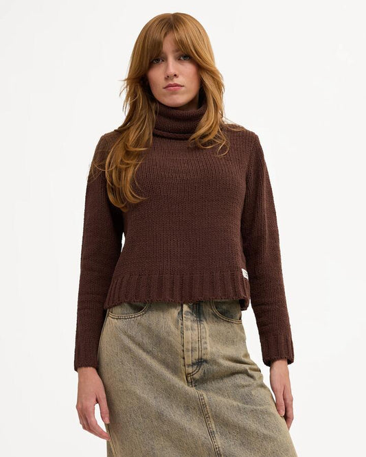 Image of a model wearing Outerwear. Product name - Element Womens Cozy Nights Sweater Dark Choc in Dark Choc colour by brand - Element