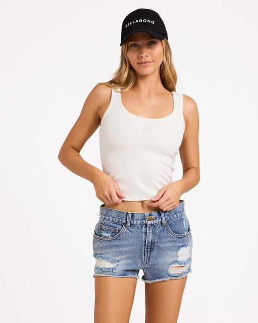 Image of a model wearing Tops. Product name - Billabong Womens Everyday Tank Top Salt Crystal in Salt Crystal colour by brand - Billabong