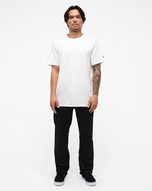 Image of a model wearing Pants. Product name - Volcom Mens Frickin Modern Stretch Chino Pants Black in Black colour by brand - Volcom