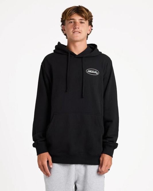 Image of a model wearing Outerwear. Product name - Billabong Mens Walled Pop Pullover Hoodie Black in Black colour by brand - Billabong