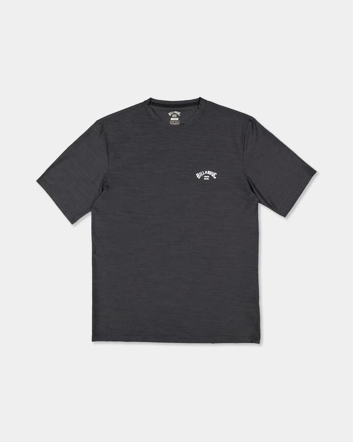 Image of a model wearing Tops. Product name - Billabong Mens Shoreline Lf Short Sleeve Surf Shirt Black Heather in Black Heather colour by brand - Billabong