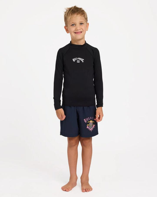Image of a model wearing Tops. Product name - Billabong Boys 2-7 Groms All Day Arch Rf Long Sleeve Rash Vest Black in Black colour by brand - Billabong