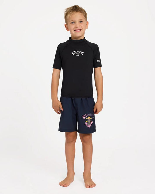 Image of a model wearing Tops. Product name - Billabong Boys 2-7 Groms All Day Arch Rf Short Sleeve Rash Vest Black in Black colour by brand - Billabong