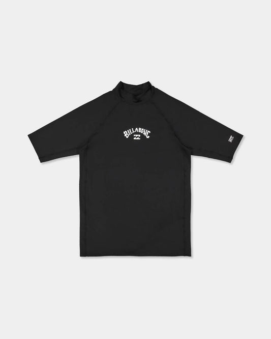Image of a model wearing Tops. Product name - Billabong Mens All Day Arch Pf Short Sleeve Rash Vest Black in Black colour by brand - Billabong