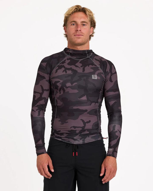 Image of a model wearing Tops. Product name - Billabong Mens Strike Mission Hooded Long Sleeve Rash Vest Black Camo in Black Camo colour by brand - Billabong