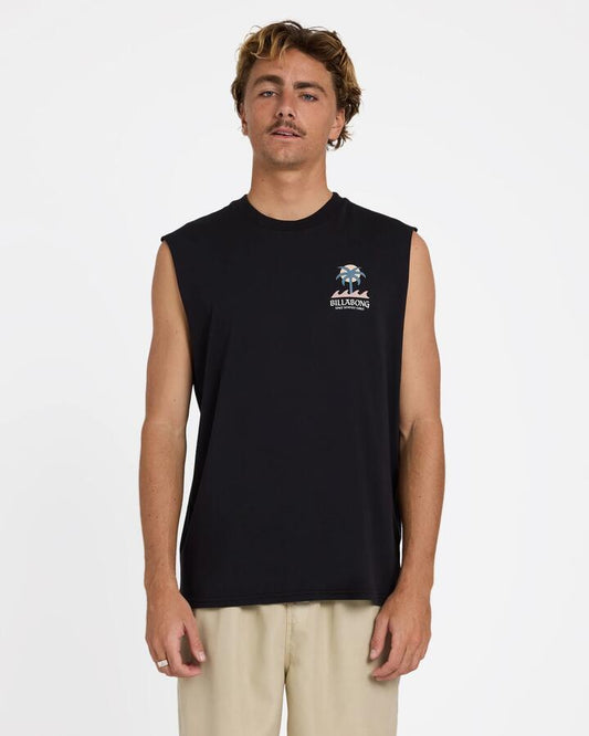 Image of a model wearing Tops. Product name - Billabong Mens Portal Muscle Washed Black in Washed Black colour by brand - Billabong