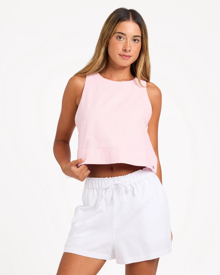 Image of a model wearing Shorts. Product name - Roxy Womens Place To Be Linen Shorts White in White colour by brand - Roxy