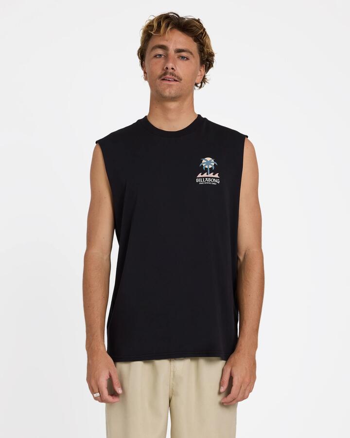 Image of a model wearing Tops. Product name - Billabong Mens Portal Muscle Washed Black in Washed Black colour by brand - Billabong