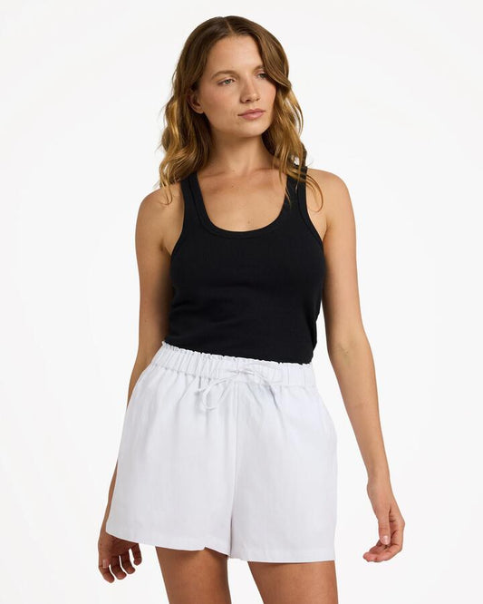Image of a model wearing Shorts. Product name - Roxy Womens Place To Be Linen Shorts White in White colour by brand - Roxy