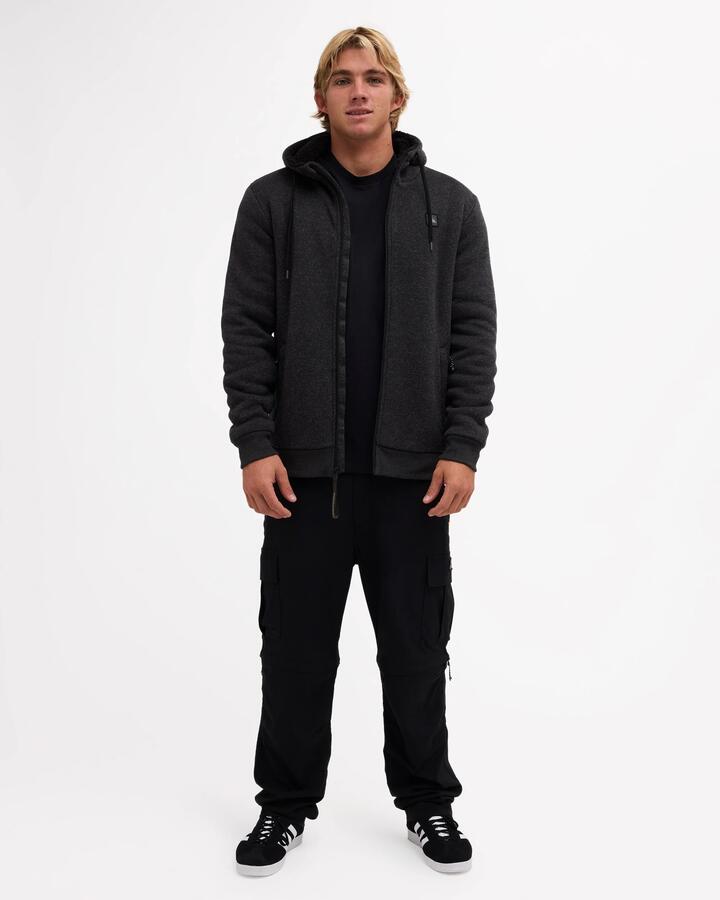 Image of a model wearing Outerwear. Product name - Quiksilver Mens Coldfront Zip Up Hoodie Black Heather in Black Heather colour by brand - Quiksilver