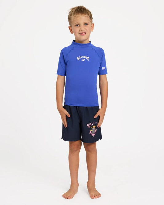 Image of a model wearing Tops. Product name - Billabong Boys 2-7 Groms All Day Arch Rf Short Sleeve Rash Vest Cobalt in Cobalt colour by brand - Billabong