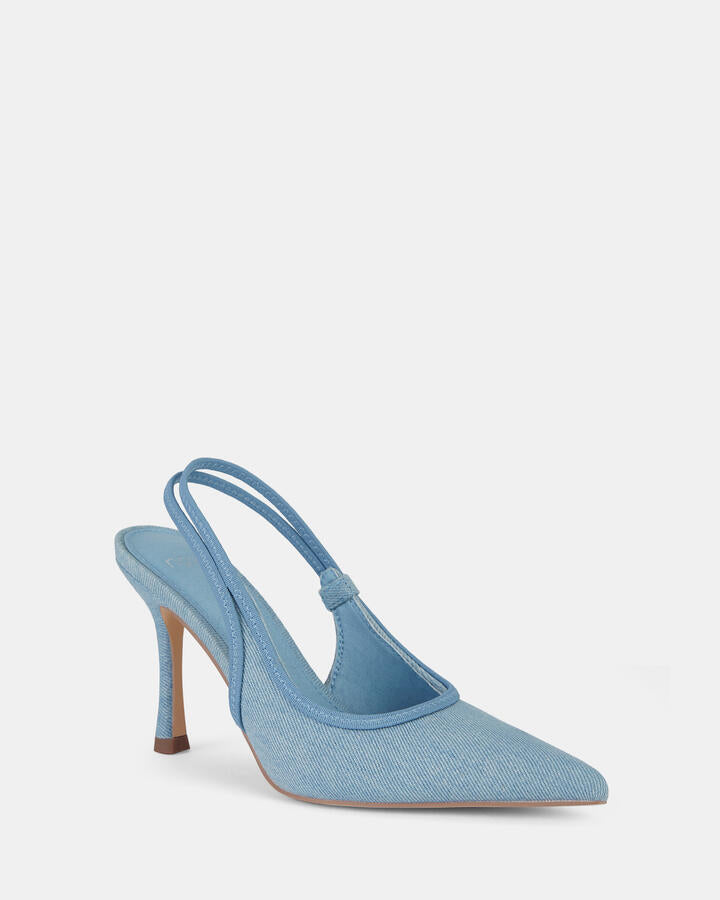 Image of Jeans. Product name - Ianthe Denim Vegan Heels in Blue colour by brand - Novo