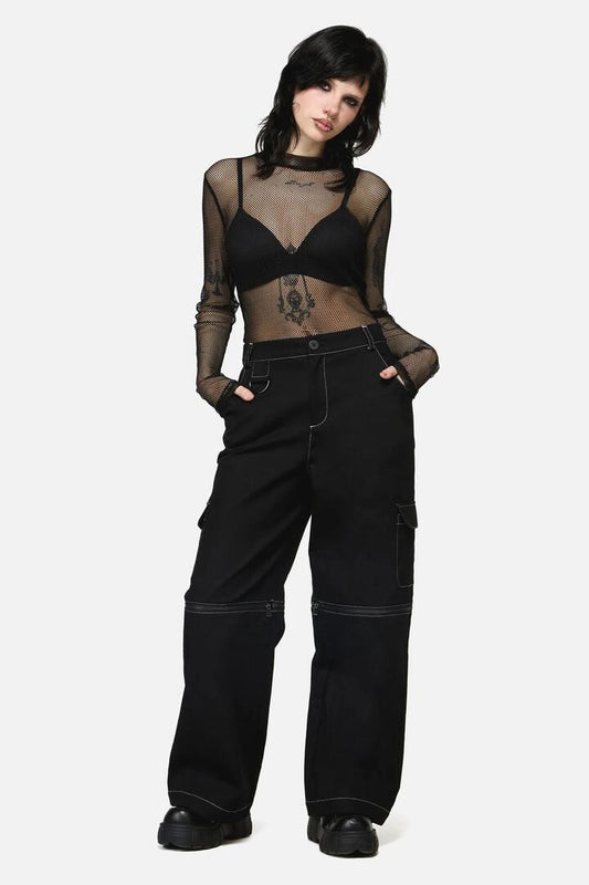 Image of a model wearing Pants. Productname: Serpent Goth Cargo Pant in Black colour by brand - Dangerfield