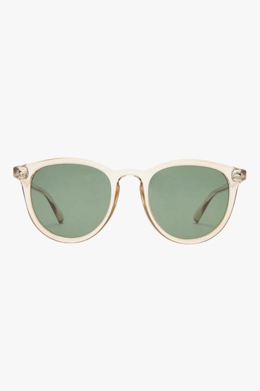 Image of Sunglasses. Product name - Fire Starter Round Clear Stone Khaki Polarised Lens Sunglasses in Stone colour by brand - Le Specs