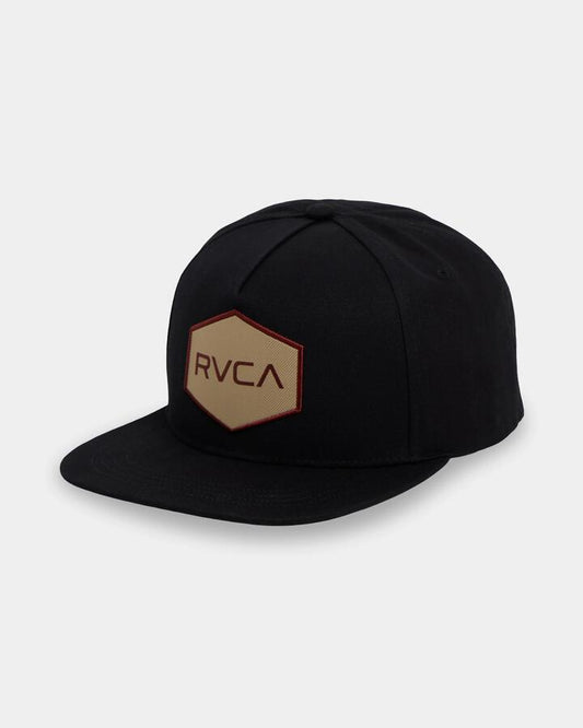 Image of Hats. Product name - RVCA Mens Commonwealth Patch Snapback Cap Black in Black colour by brand - RVCA