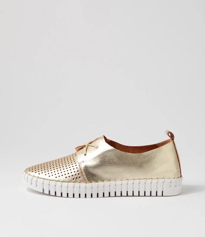 Image of Sneakers. Product name - Husto Pale Gold White Leather Sneakers in Pale Gold-White Sole colour by brand - MIDAS