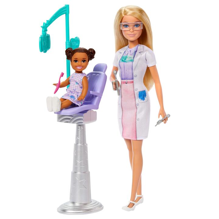 Image of Dolls. Product name - Barbie Dentist Doll with Blonde Fashion Doll, 1 Kid Doll, Medical Doctor Furniture & Accessories in colour by brand - Barbie