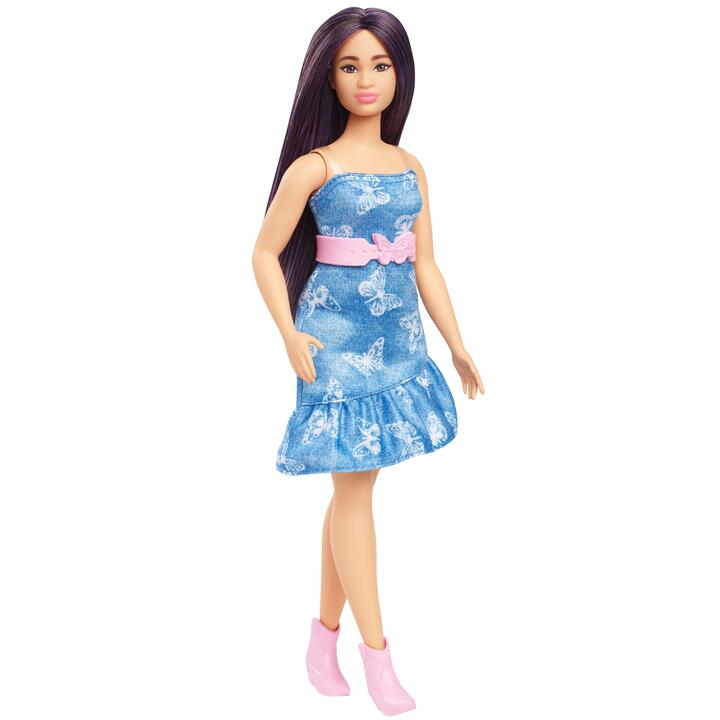 Image of Dolls. Product name - Barbie Fashionistas Doll #231 in Denim Butterfly Dress with Pink Belt, Purple Hair in colour by brand - Barbie