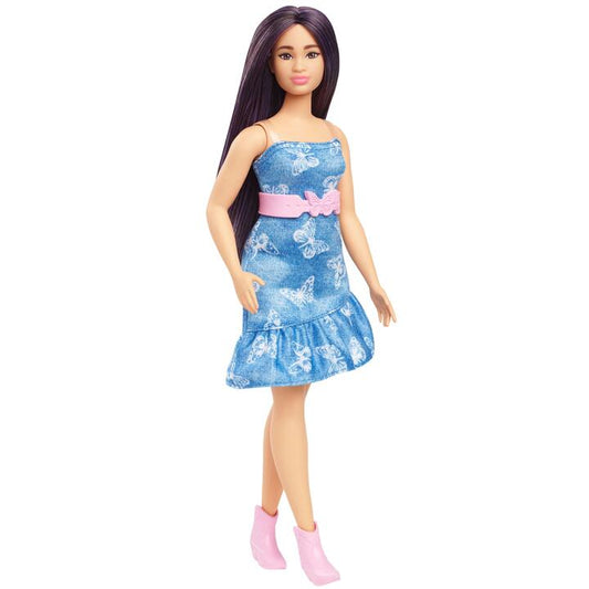Image of Dolls. Product name - Barbie Fashionistas Doll #231 in Denim Butterfly Dress with Pink Belt, Purple Hair in colour by brand - Barbie