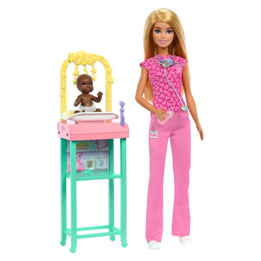 Image of Dolls. Product name - Barbie Baby Doctor Doll with Blonde Fashion Doll, 1 Baby Doll, Furniture & Accessories in colour by brand - Barbie