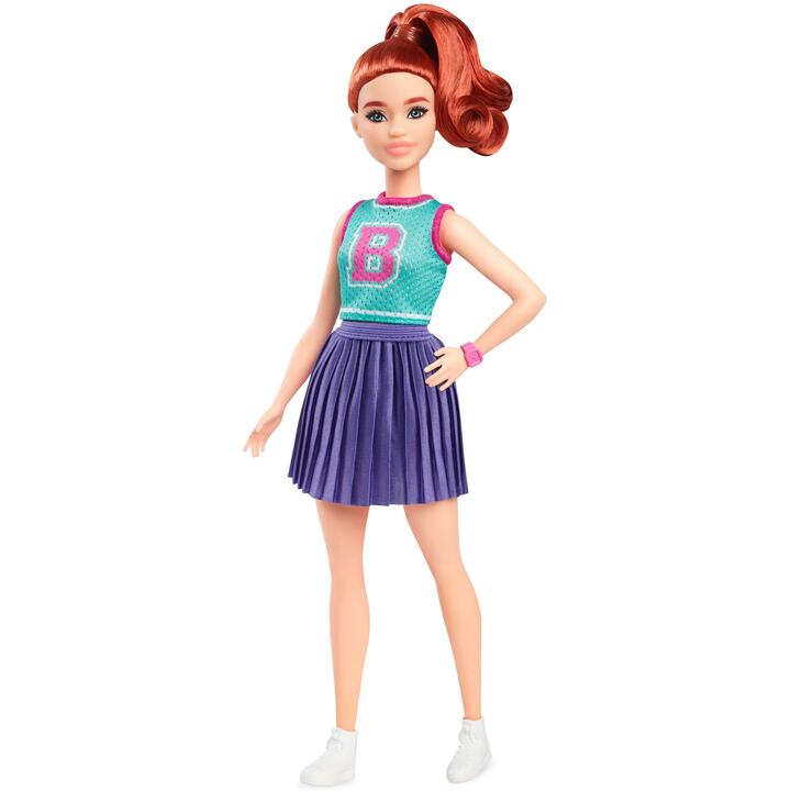 Image of Dolls. Product name - Barbie Fashionistas Doll #232 in Jersey Top and Pleated Purple Skirt, Red Hair in colour by brand - Barbie