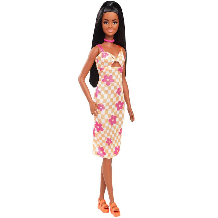 Image of Dolls. Product name - Barbie Fashionistas Doll #233 in Checkered Flower Midi Dress, Black Hair in colour by brand - Barbie