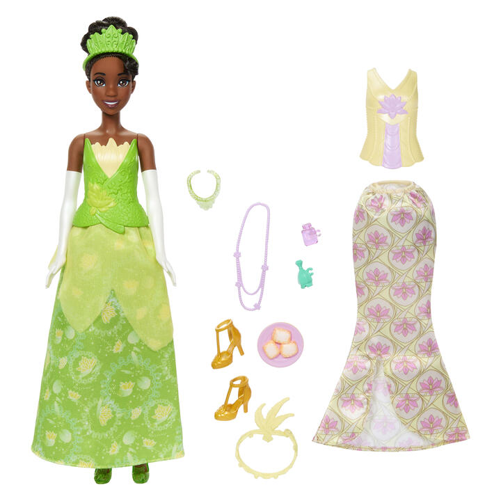 Image of Dolls. Product name - Disney Princess 2-in-1 Stories Tiana Fashion Doll with 2 Snap-On Bodices in colour by brand - Disney Princess