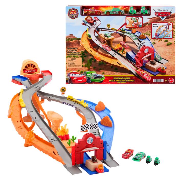Image of Toy Playsets. Product name - Disney and Pixar Cars Radiator Springs Race & Rescue Rescue Road Raceway Playset with 4 Toy Cars in colour by brand - Disney Pixar Cars