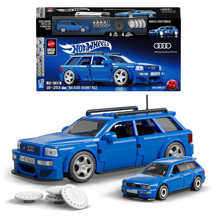 Image of Toy Cars. Product name - Mattel Brick Shop Hot Wheels '94 Audi Avant RS2 Building Toy Kit (253 Pieces), for Collectors in colour by brand - Mattel Brick Shop