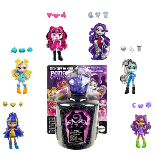 Image of Dolls. Product name - Monster High Potions Mini Dolls, Surprise Character Figures with Water Reveal (Characters May Vary) in colour by brand - Monster High