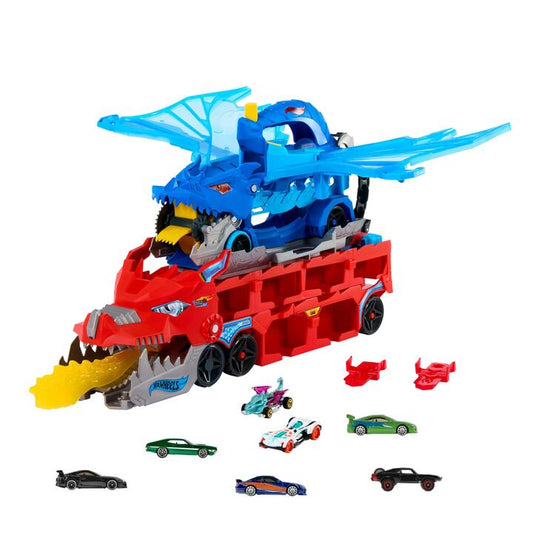 Image of Toy Cars. Product name - Bundle: Hot Wheels Ultimate Dual Dragon Transporter + 5 Fast & Furious Cars in colour by brand - Hot Wheels
