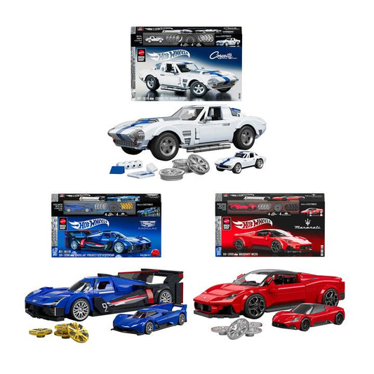 Image of Toy Cars. Product name - Bundle: Brick Shop Maserati, Cadillac & Corvette Hot Wheels Building Set Trio in colour by brand - Mattel Brick Shop