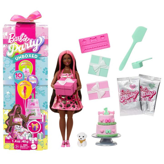 Image of Toy Playsets. Product name - Barbie Party Unboxed Pet Birthday Series Doll & Accessories in colour by brand - Barbie