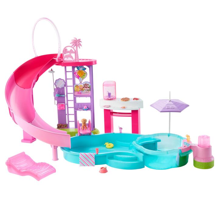 Image of Toy Playsets. Product name - Barbie Dream Pool Playset with Slide & Bubbling Hot Tub in colour by brand - Barbie