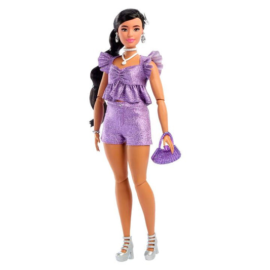 Image of Dolls. Product name - Barbie Deluxe Style Fashion Doll #8 in Metallic Purple Top and Sparkly Shorts with Accessories in colour by brand - Barbie