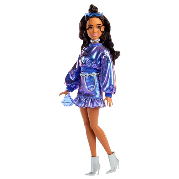 Image of Dolls. Product name - Barbie Deluxe Style Fashion Doll #7 in Metallic Blue Top and Skirt with Accessories, Brunette in colour by brand - Barbie