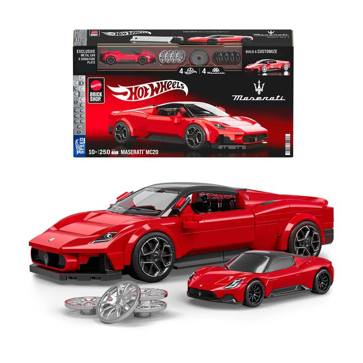 Image of Toy Cars. Product name - Mattel Brick Shop Hot Wheels Maserati MC20 Building Set in colour by brand - Mattel Brick Shop