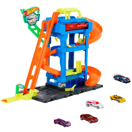 Image of Toy Cars. Product name - Bundle: Hot Wheels Tunnel Twist Car Wash & 5-Car Pack in colour by brand - Hot Wheels